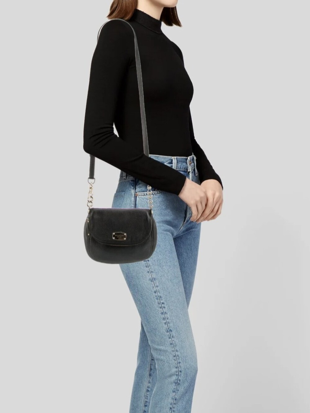 Vintage Michael Kors Black Pebbled Leather Crossbody with Gold Chain Accent- EUC